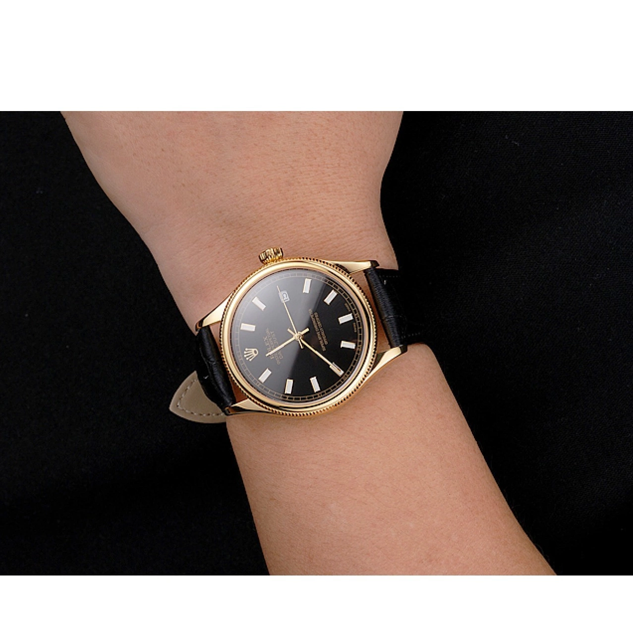 Aaa replica Black Dial Gold Datejust Strap Swiss Case Rolex Black Leather 0521